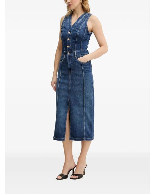 Guess Blue Button V-Neck Midi Dress