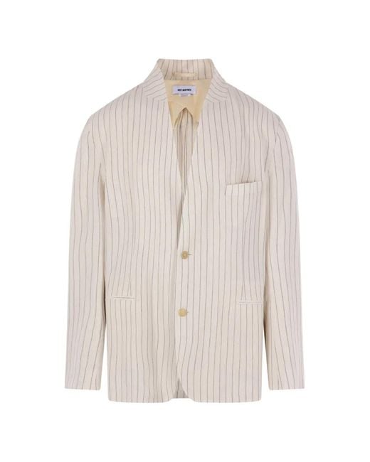 Hed Mayner White Pinstripe Collarless Blazer for men
