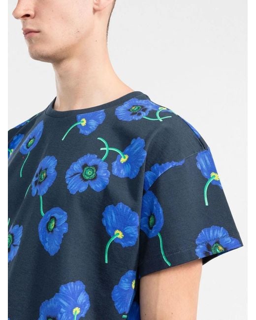 KENZO Blue Floral-Print Cotton T-Shirt for men