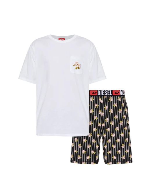 DIESEL White Floral-Print Striped Cotton Pajama Set for men
