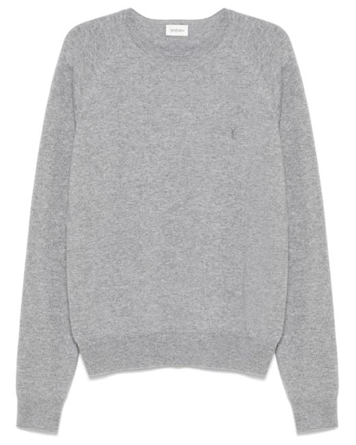 Saint Laurent Gray Signature Embroidered Cashmere Knit Sweater for men