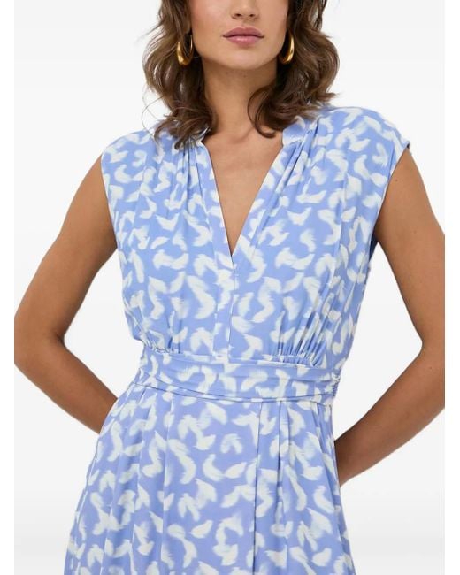 Boss Blue V-Neck Feather-Print Midi Dress