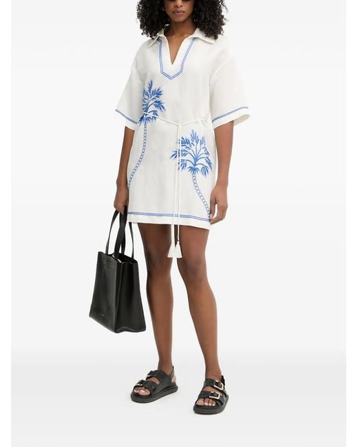 Twinset White Palm Tree-Embroidered Belted Mini Dress
