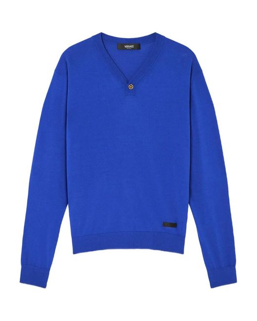 Versace Blue Silk-Cotton Knit V-Neck Sweater for men