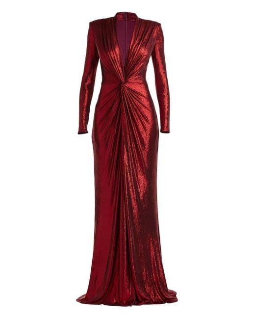 Tadashi Shoji Red Draped Twist-Front Long-Sleeve Gown