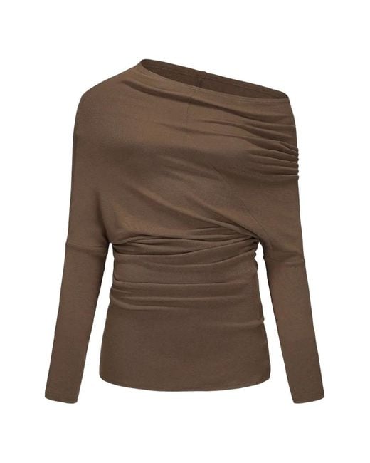 Elwood Brown Asymmetric Draped Off-Shoulder Long-Sleeved T-Shirt