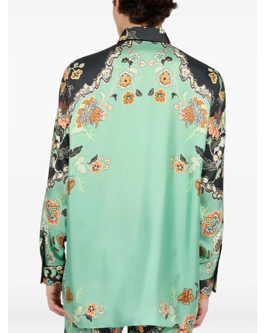 Roberto Cavalli Green Floral-Print Shirt for men