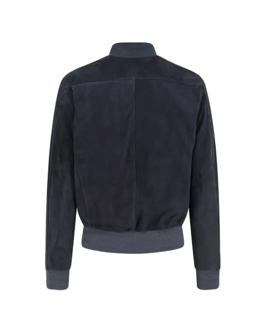 DFOUR® Blue Suede Ribbed-Trim Bomber Jacket for men