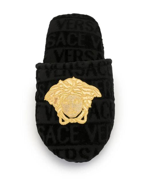 Versace Black Embroidered Medusa Terricloth Slippers
