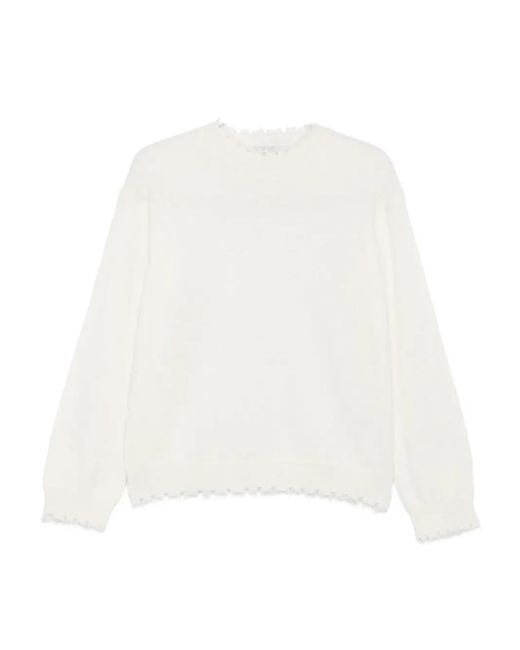Antonelli White Frayed-Hem Round-Neck Sweater