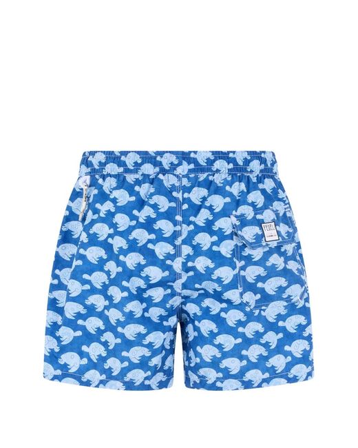 Fedeli Blue Turtle-Print Drawstring Swim Shorts for men