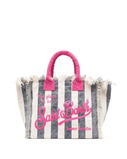Mc2 Saint Barth Pink Vanity Striped Frayed-Edge Beach Bag