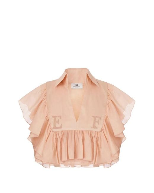 Elisabetta Franchi Pink Cotton Voile Shirt With Flounce