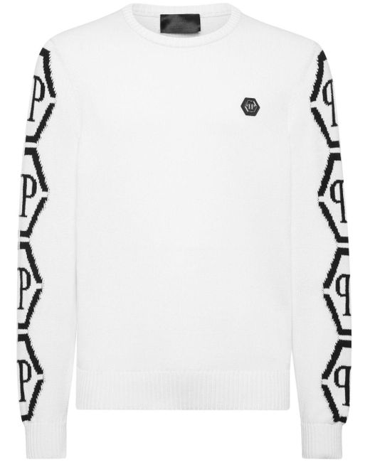 Philipp Plein White Hexagon Intarsia-knit Logo Jumper for men