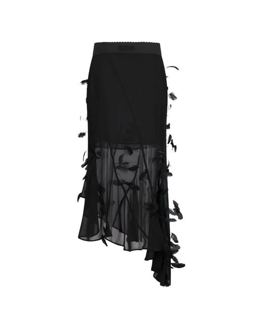 The Attico Black Feather-Embellished Asymmetric Midi Skirt
