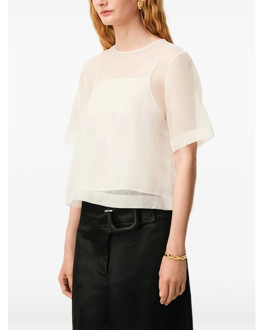 AMI White Silk Short Sleeves Sheer With Undertop Top