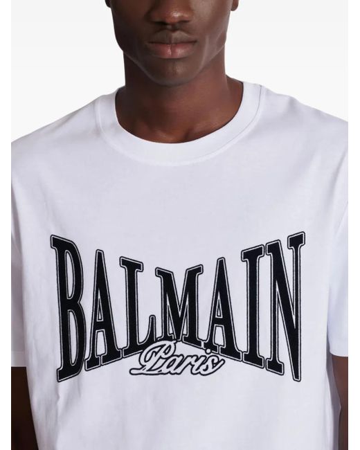 Balmain White Short-Sleeved T-Shirt With Flocked College Print for men