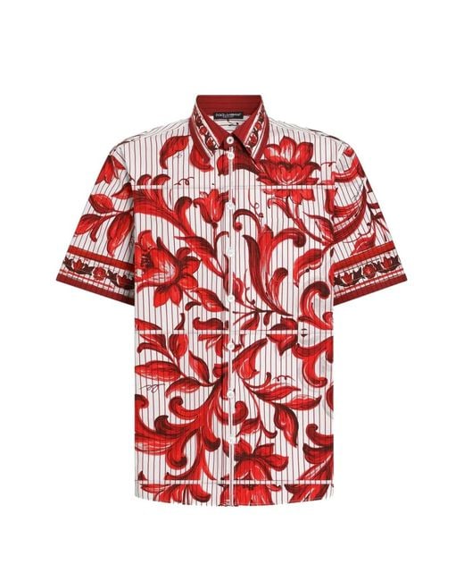 Dolce & Gabbana Red Majolica-Print Striped Poplin Hawaii Shirt for men