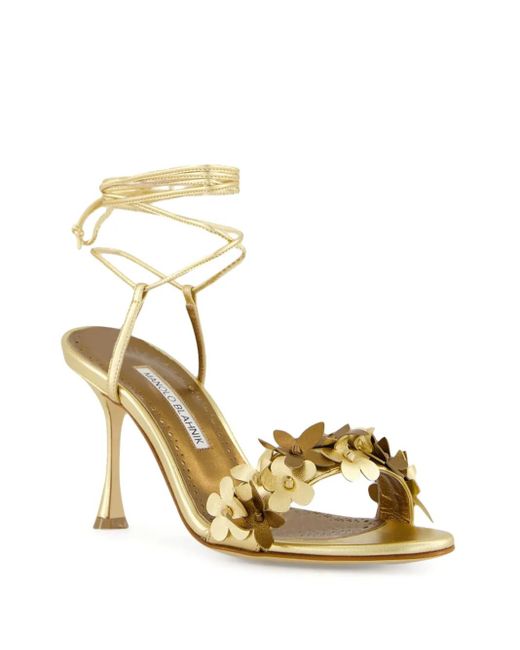 Manolo Blahnik Metallic Flower-Embellished High-Heel Sandals