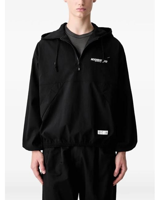 Neighborhood Black Logo-Print Quarter-Zip Hooded Hoodie Jacket for men