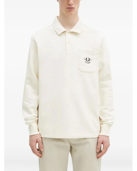 Fred Perry Natural Embroidered-Pocket Long-Sleeve Polo Shirt for men