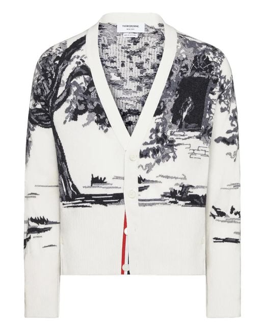 Thom Browne White Intarsia Cashmere Cardigan for men