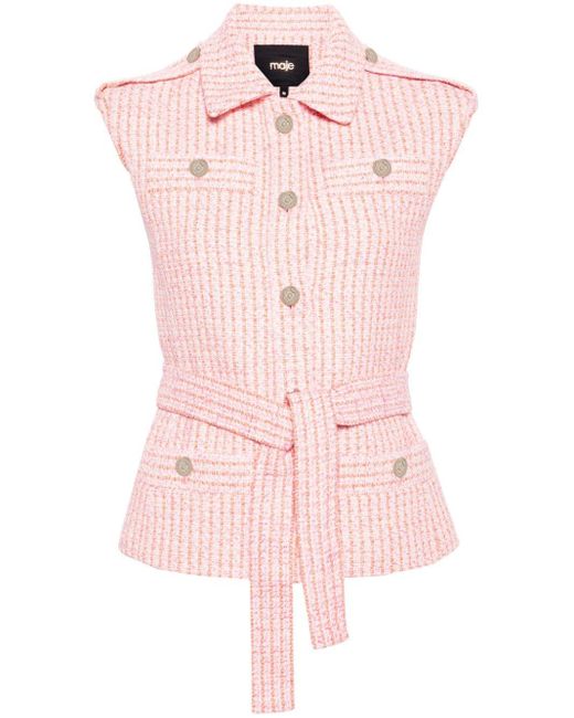 Maje Pink Belted Tweed Waistcoat