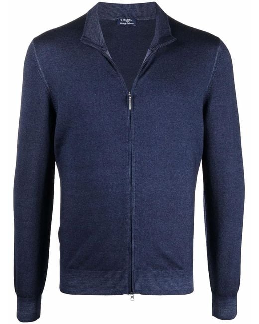 Barba Napoli Blue Zipped-Up Virgin Wool Cardigan for men