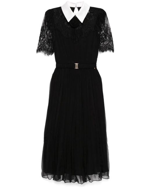 Nissa Black Lace-Detail Silk Midi Dress
