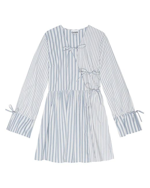Ganni White Stripe-Print Cotton Mini Wrap Dress