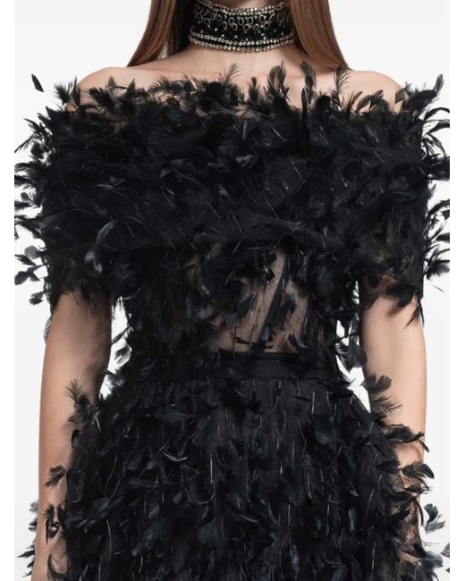 Gemy Maalouf Black Feather-Trim Off-Shoulder Top