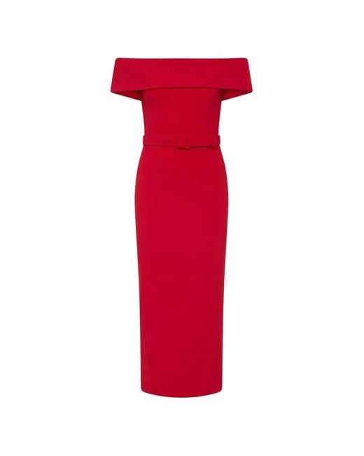 Rebecca Vallance Red Precious Belted Off-The-Shoulder Midi Dress