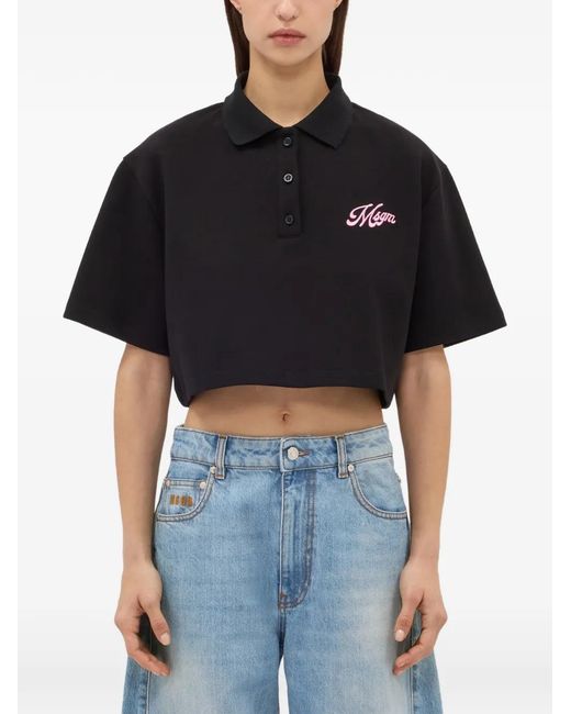 MSGM Black Logo Crop Polo Top