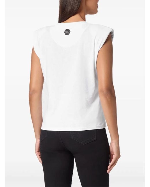 Philipp Plein White Rhinestone-Embellished Skull Tank Top