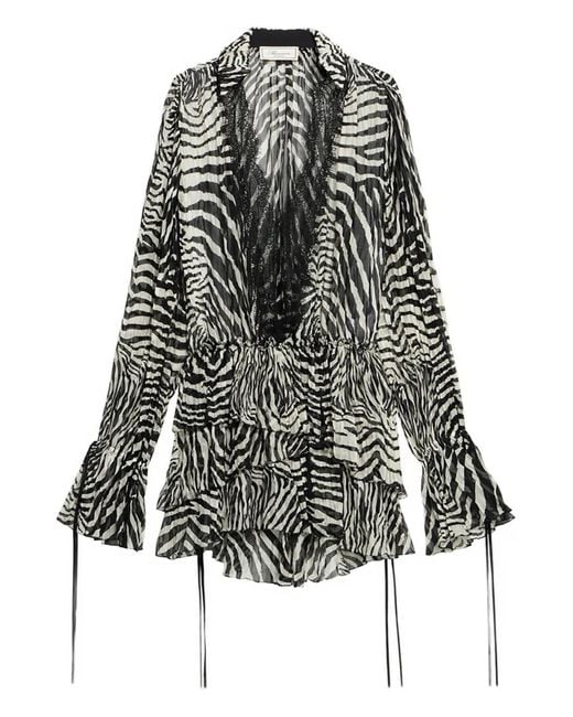 Blumarine Black Lace-Trim Zebra-Print Mini Dress