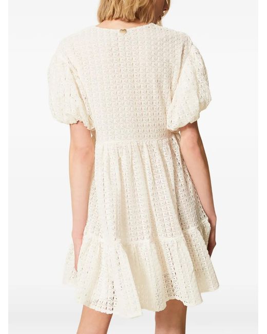 Twinset White Puff-Sleeved Tiered Dress