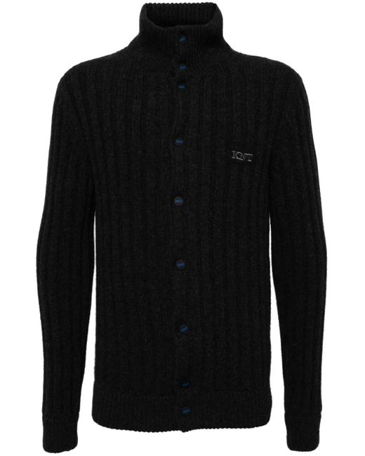 Kiton Black Logo-Embroidered Wool Cardigan for men