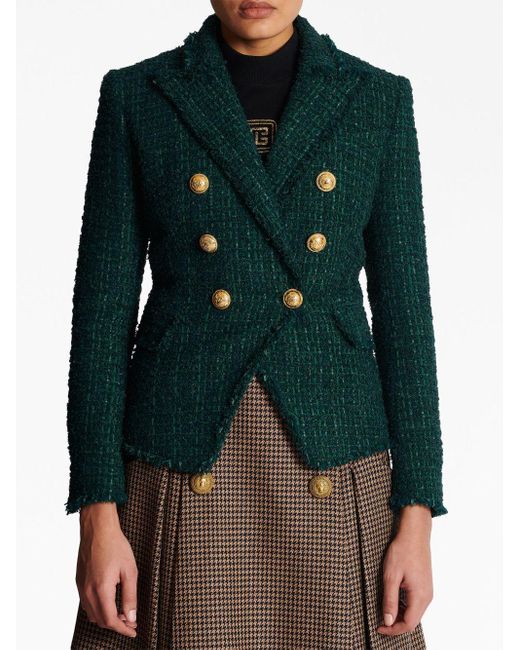 Veste en tweed à boutonnière croisée Balmain en coloris Green