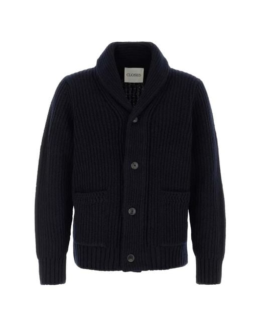 Closed Blue Ribbed-Knit Shawl-Collar Cardigan for men