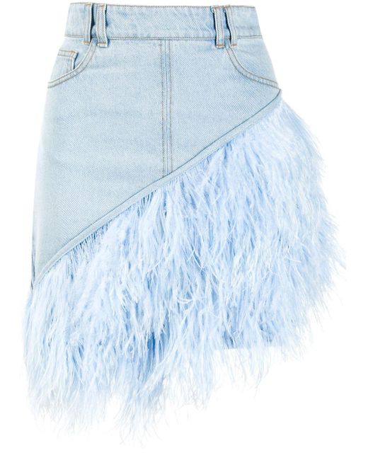 David Koma Blue Feather-trimmed Denim Skirt