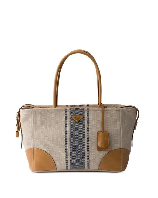 Prada Natural Large Canvas And Leather Tote Bag