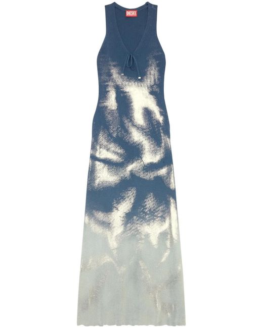 DIESEL Blue Long Knit Dress With Metallic Effects