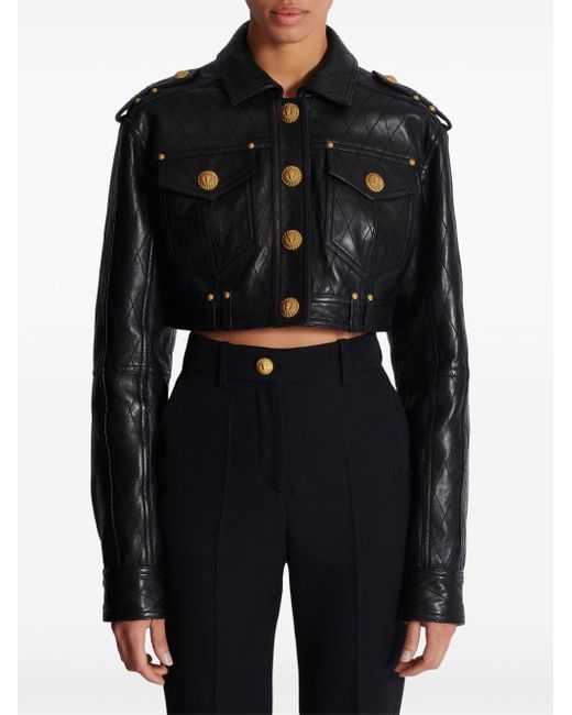 Balmain Black Quilted Leather Cropped Jacket