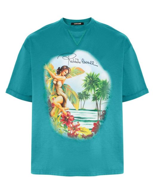 Roberto Cavalli Blue Hawaii-print Cotton T-shirt for men