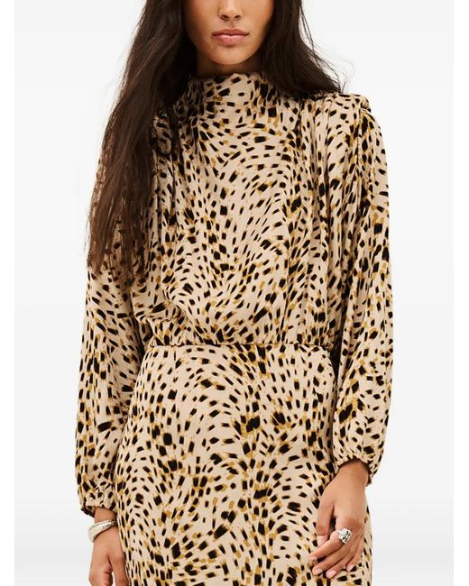 Ba&sh Natural Hoelia Animal-Print Long-Sleeved Shift Midi Dress