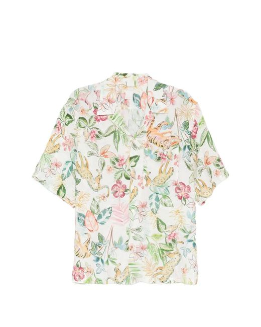 120% Lino White Floral-Print Shirt for men