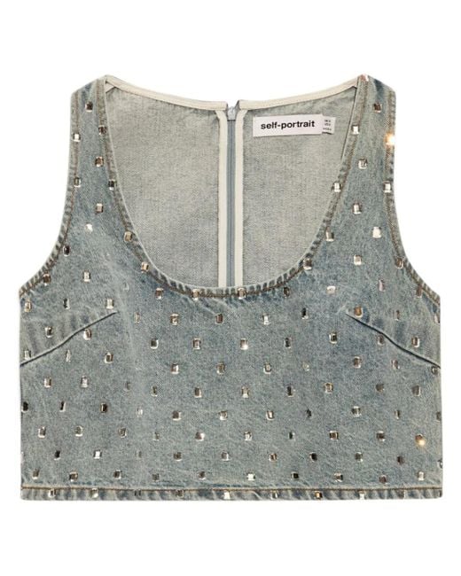 Self-Portrait Gray Denim Top Embellished With Rhinestones