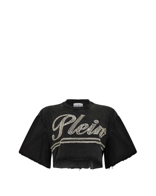 Philipp Plein Black Logo-Strass Cropped T-Shirt