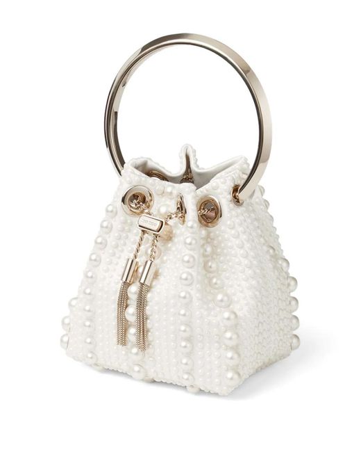 Jimmy Choo White Bon Bon Pearl-Embellished Bucket Bag