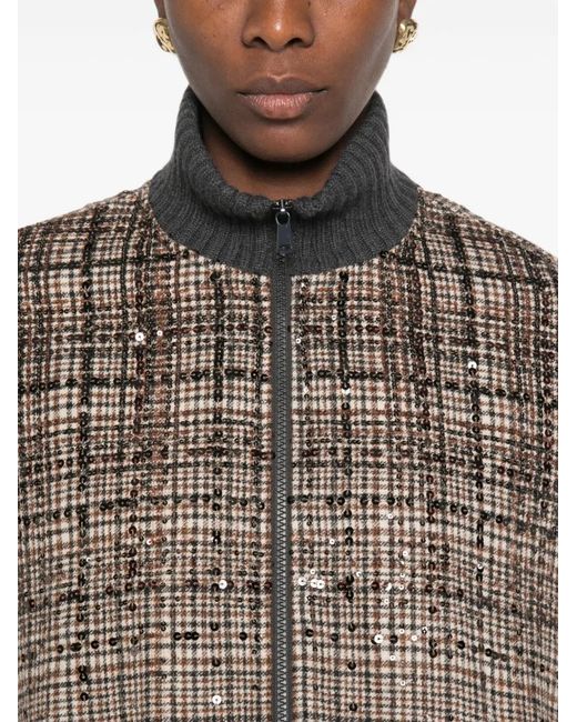 Brunello Cucinelli Brown Sequin-Embellished Checked Jacket